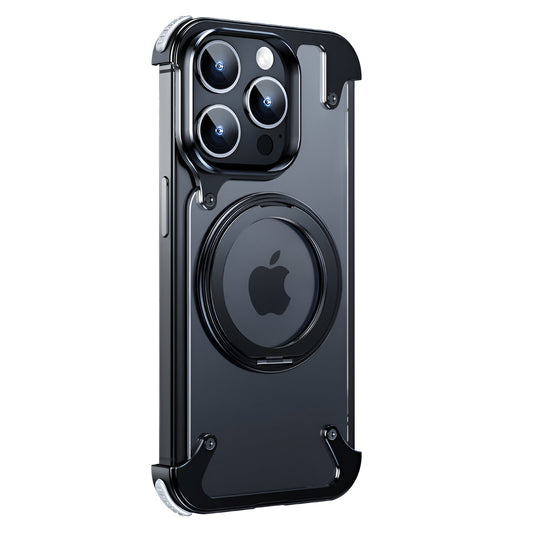 Husa de Protectie Compatibil cu iPhone 15 Pro Max, Flippy, Incarcare Wireless, Tehnologie Magsafe, Inel Magnetic Rotativ 360 cu Functie de Suport, Rama Metalica, Carcasa din PC, Negru Transparent-0