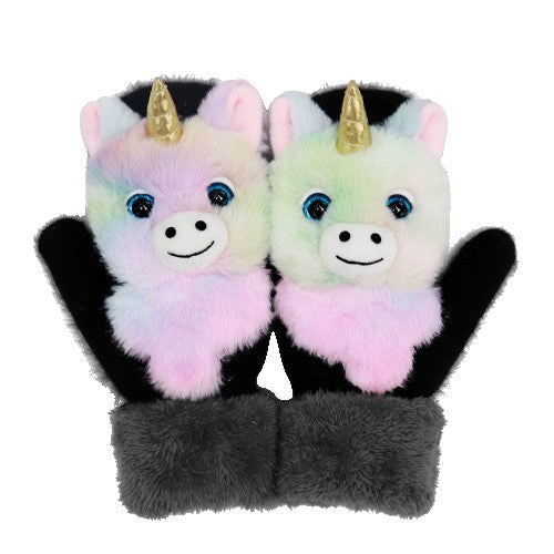 Manusi de Plus pentru Copii, Flippy, de Iarna, Groase, Moi, Calduroase, Model Animat Unicorn Roz-0