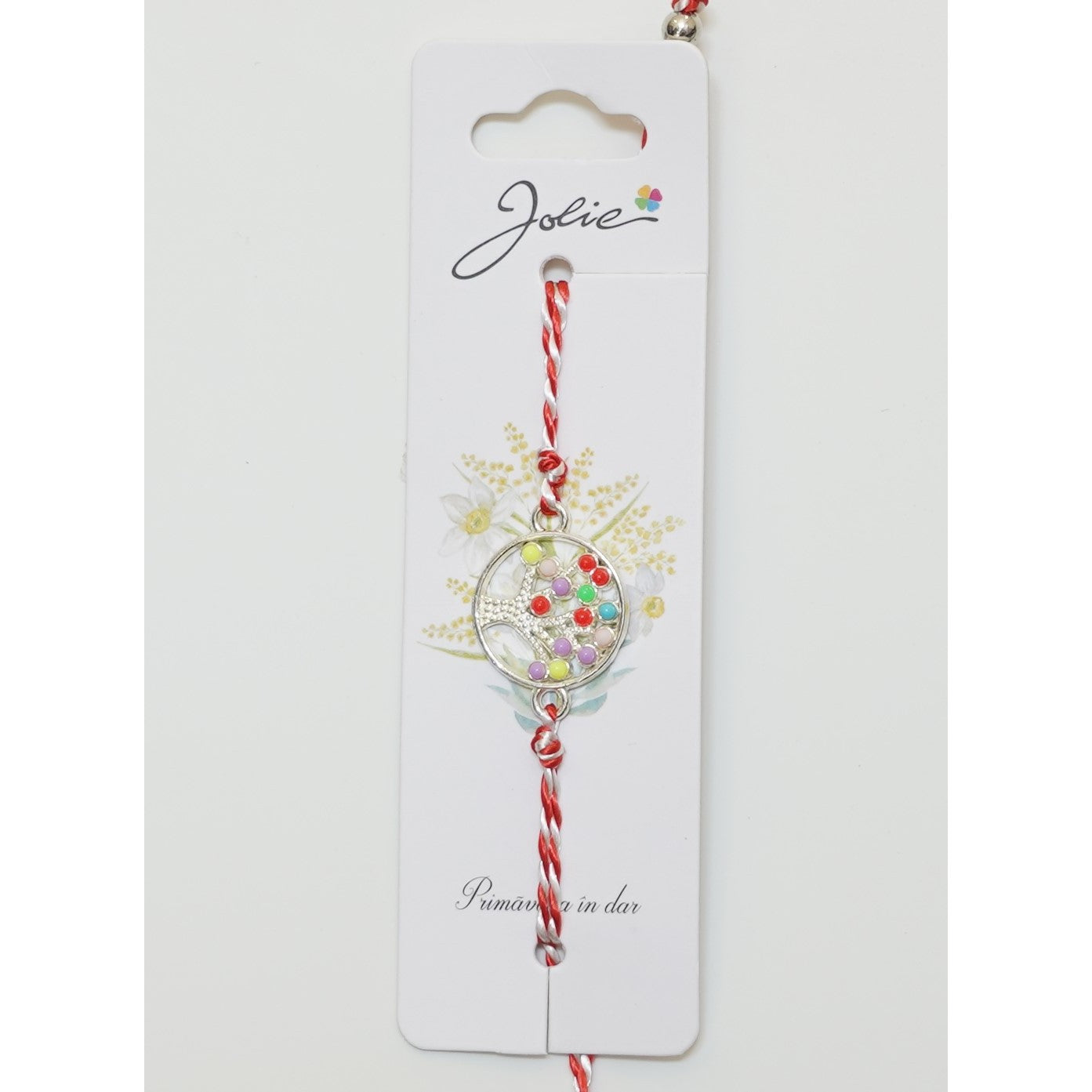 Martisor Bratara Alb-Rosu cu Pandantiv Metalic, Model 1-0