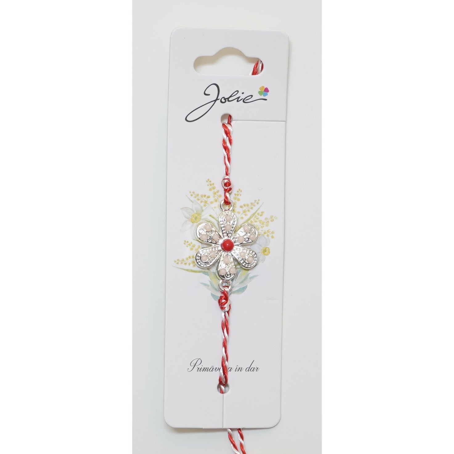 Martisor Bratara Alb-Rosu cu Pandantiv Metalic, Model 3-0
