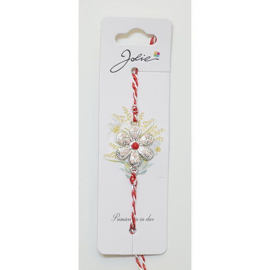 Martisor Bratara Alb-Rosu cu Pandantiv Metalic, Model 3-0