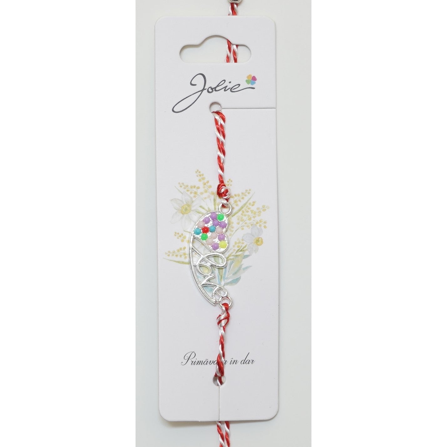 Martisor Bratara Alb-Rosu cu Pandantiv Metalic, Model 7-0