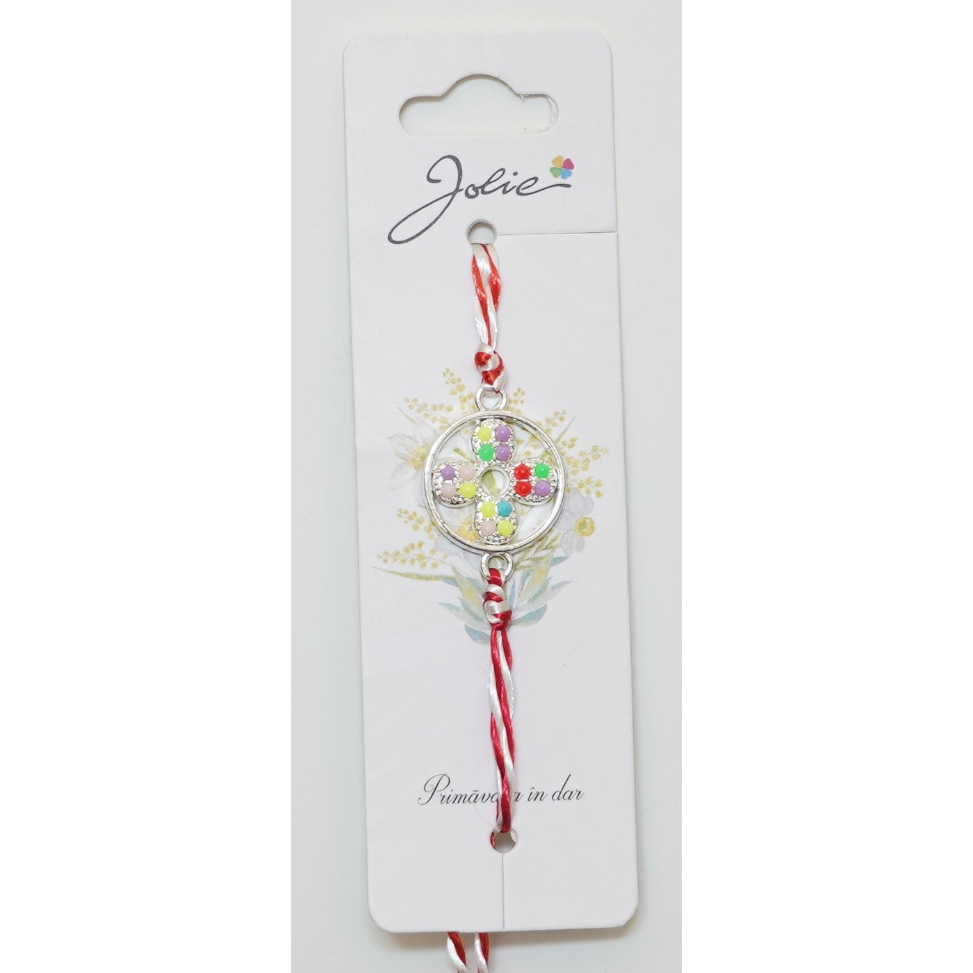 Martisor Bratara Alb-Rosu cu Pandantiv Metalic, Model 8-0