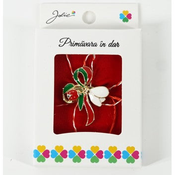 Martisor Brosa Mica in Cutie, Dimensiune Brosa 2.5-3 cm, Material Metal, Model Ghiocel cu Fundita Rosu/Verde-0