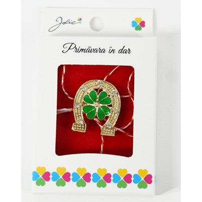 Martisor Brosa Mica in Cutie, Dimensiune Brosa 2.5-3 cm, Material Metal, Model Potcoava cu Trifoi-0