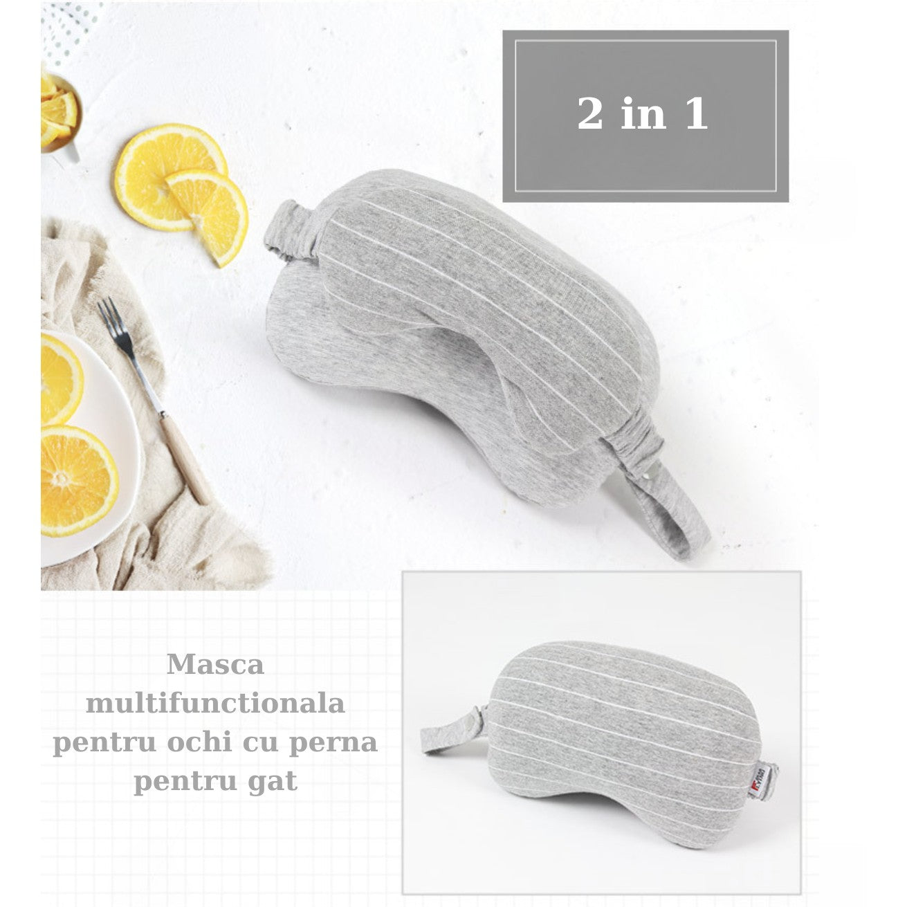 Masca de dormit, Flippy, 2 in 1, cu Tetiera, din Particule de Spuma si Bumbac, Gri Deschis-2