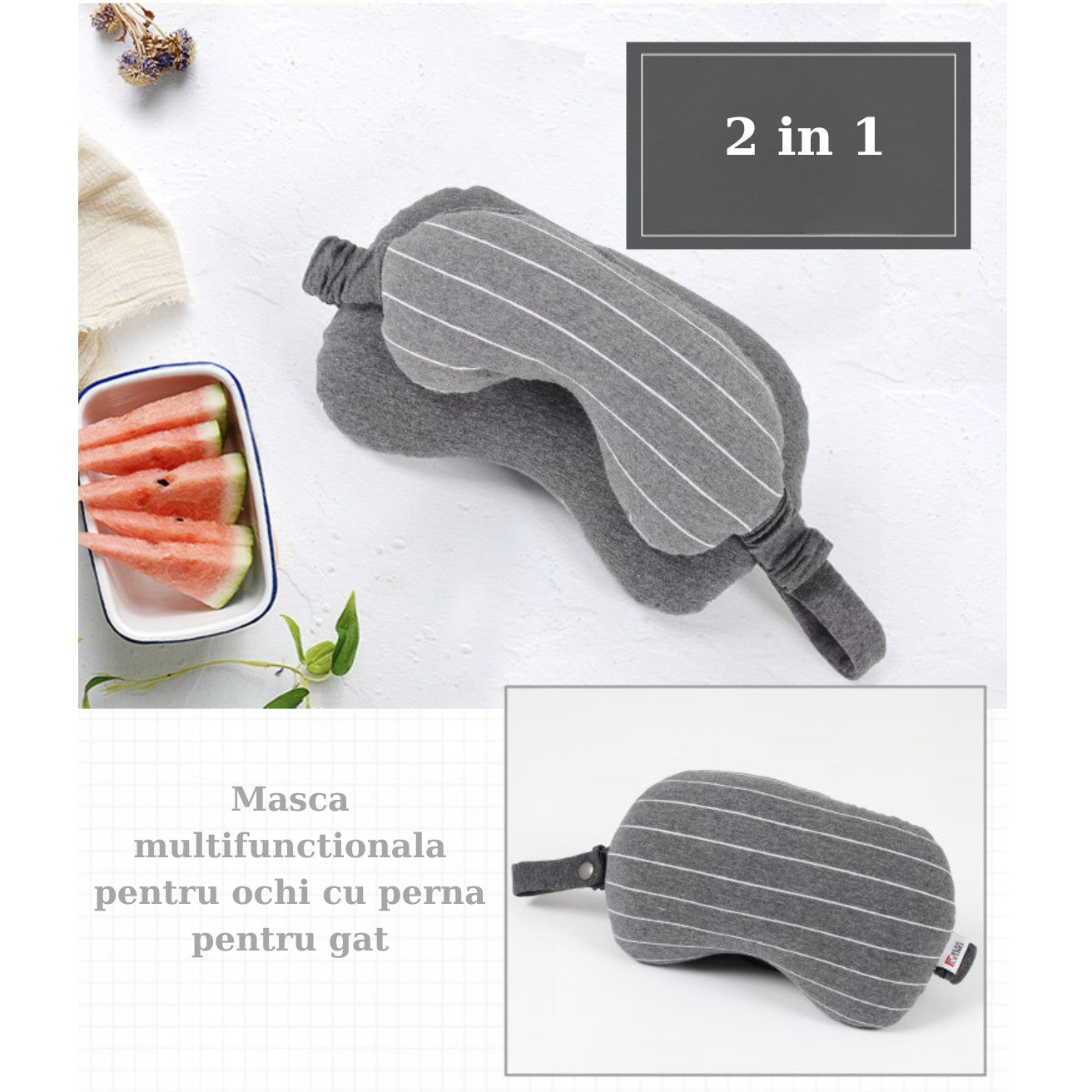 Masca de dormit, Flippy, 2 in 1, cu Tetiera, din Particule de Spuma si Bumbac, Gri Inchis-1