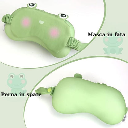 Masca de dormit, Flippy, 2 in 1, cu Tetiera, din Particule de Spuma si Bumbac, Model Broasca ,Verde-6