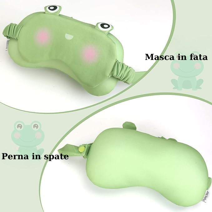 Masca de dormit, Flippy, 2 in 1, cu Tetiera, din Particule de Spuma si Bumbac, Model Broasca ,Verde-6
