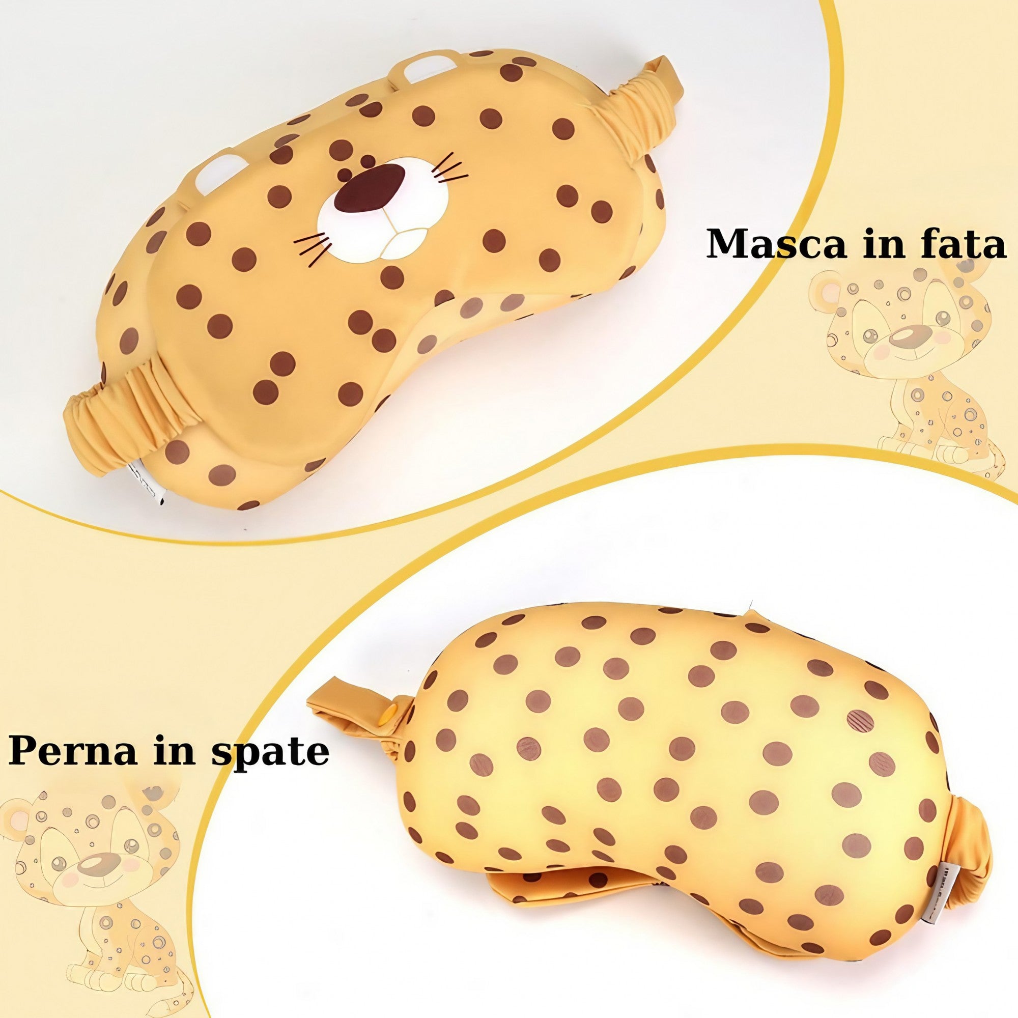 Masca de dormit, Flippy, 2 in 1, cu Tetiera, din Particule de Spuma si Bumbac, Model Leopard ,Portocaliu-7