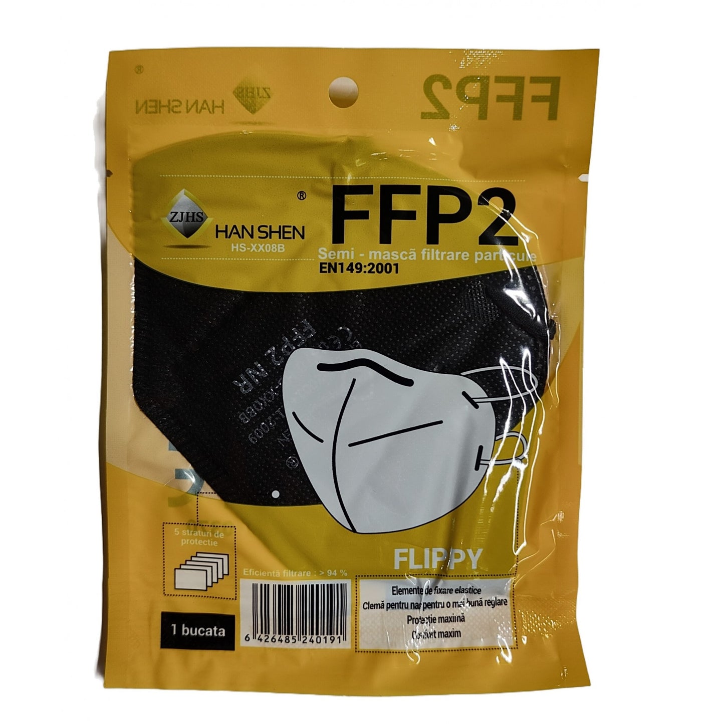Masca de protectie faciala, Flippy, de unica folosinta, FFP2, KN95, 5 straturi FPP2, nesterila, ambalaj individual, CE 0370, Negru-4