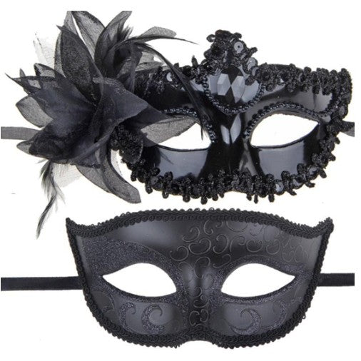 Set 2 Masti de Cuplu, Flippy, pentru Carnaval, Bal Mascat, Marime Universala, Model Floare Laterala si Margele, Model Clasic, Negru-Gri-0