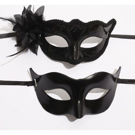 Set 2 Masti de Cuplu, Flippy, pentru Carnaval, Bal Mascat, Marime Universala, Model Floare Laterala si Margele, Model Clasic Fluture, Negre-0