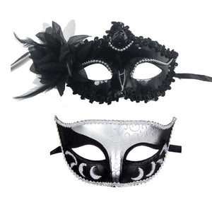 Set 2 Masti de Cuplu, Flippy, pentru Carnaval, Bal Mascat, Marime Universala, Model Floare Laterala si Margele, Model Clasic Fluture, Negru-Argintiu-0