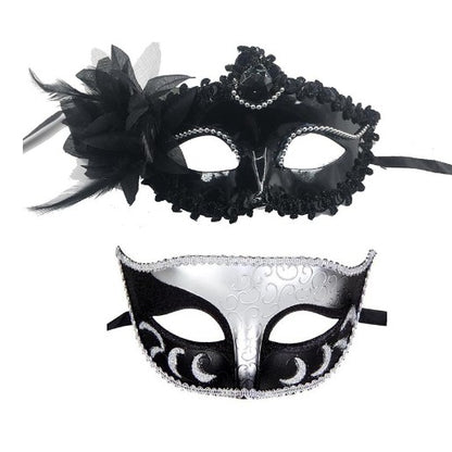 Set 2 Masti de Cuplu, Flippy, pentru Carnaval, Bal Mascat, Marime Universala, Model Floare Laterala si Margele, Model Clasic Fluture, Negru-Argintiu-0