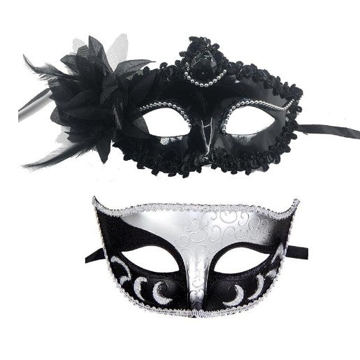Set 2 Masti de Cuplu, Flippy, pentru Carnaval, Bal Mascat, Marime Universala, Model Floare Laterala si Margele, Model Clasic Fluture, Negru-Argintiu-0