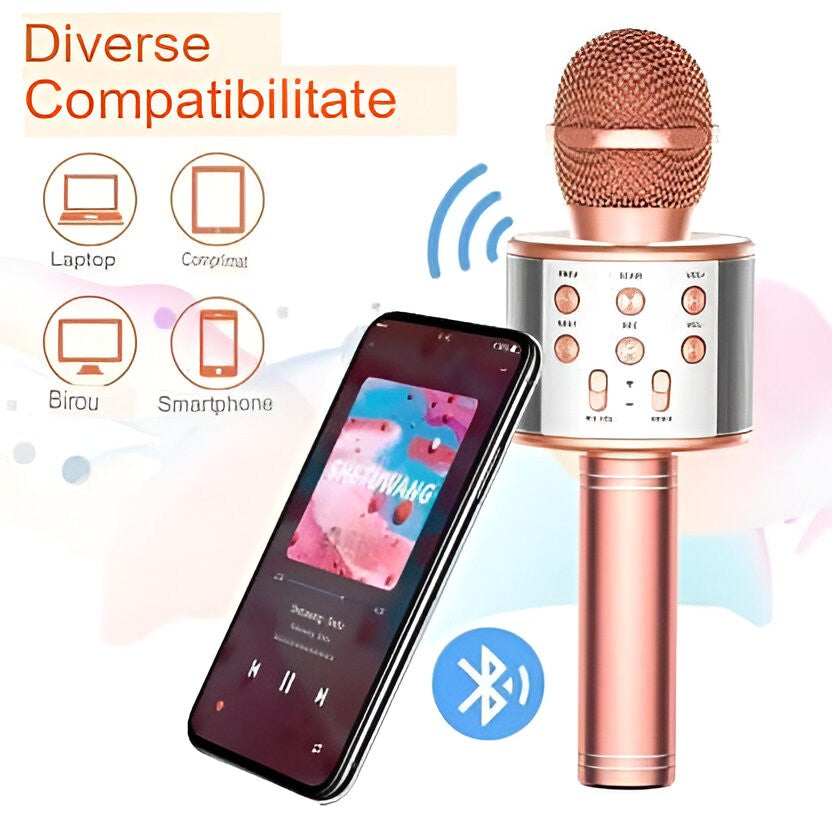 Microfon Karaoke, Flippy, pentru Copii, Bluetooth, Boxa Incorporata, Compatibil cu Orice Smartphone, Acumulator Integrat, Multifunctional, Rose Gold-4