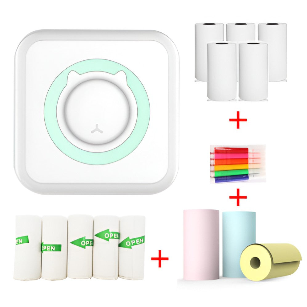 Mini Imprimanta Foto Portabila, Flippy, 5 Role de Hartie Termica, 5 Role Autocolante, 3 Role Colorate, Pixuri, Incarcare USB, Model Pisica, Alb Verde-1