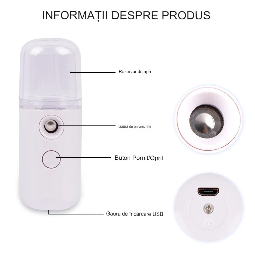 Spray de Hidratare Facială cu Tehnologie Nano, Flippy, Hidratare, Igienizare, Abur Rece, Încărcare USB, Capacitate 30 mL, 10cm, Alb-7