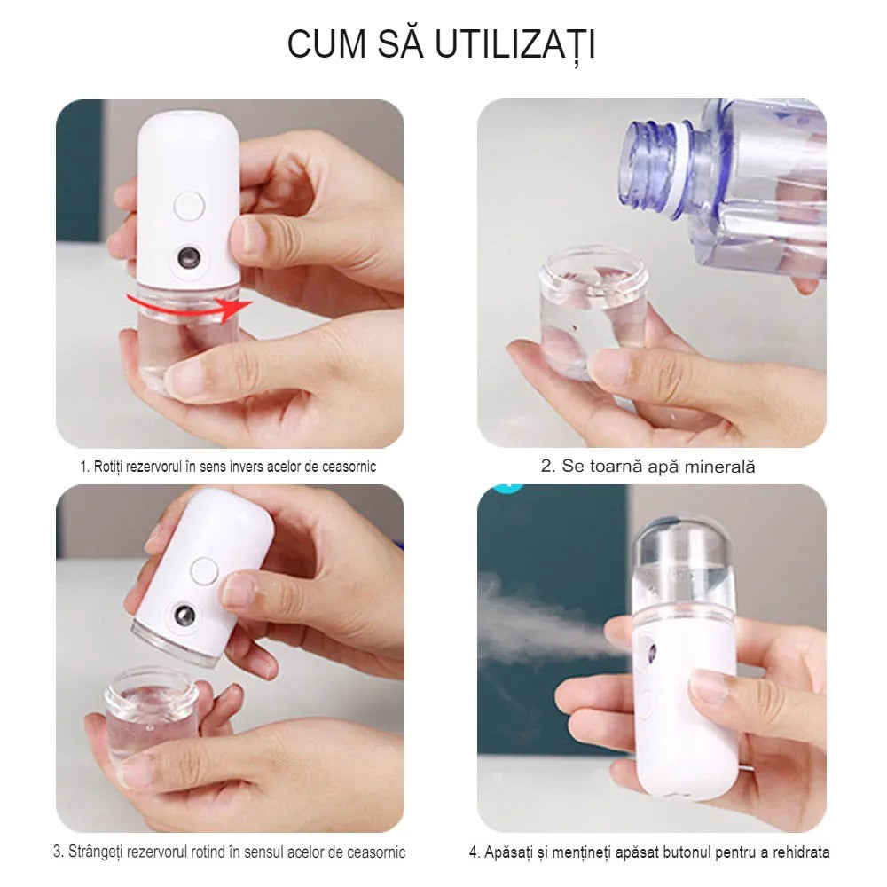 Spray de Hidratare Facială cu Tehnologie Nano, Flippy, Hidratare, Igienizare, Abur Rece, Încărcare USB, Capacitate 30 mL, 10cm, Alb-8