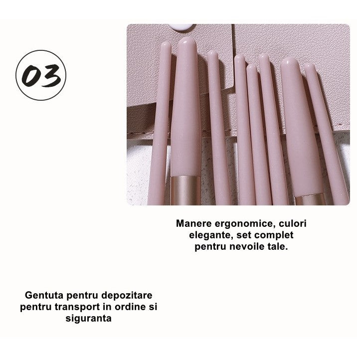 Mini Set Portabil 8 Pensule pentru Machiaj Flippy, Super Soft, Makeup Profesional/Incepatori, Maner Ergonomic, Gentuta Depozitare Inclusa, Maro-2