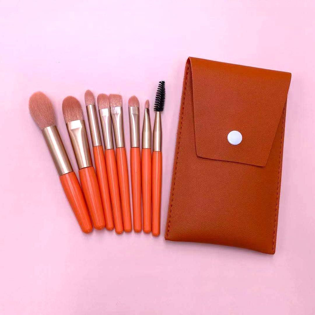 Mini Set Portabil 8 Pensule pentru Machiaj Flippy, Super Soft, Makeup Profesional/Incepatori, Maner Ergonomic, Gentuta Depozitare Inclusa, Portocaliu-2