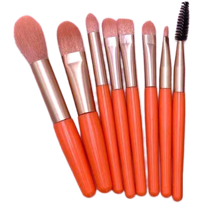 Mini Set Portabil 8 Pensule pentru Machiaj Flippy, Super Soft, Makeup Profesional/Incepatori, Maner Ergonomic, Gentuta Depozitare Inclusa, Portocaliu-0