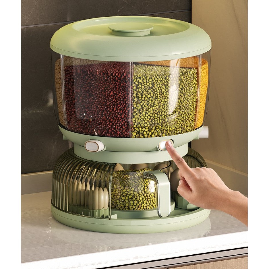 Dozator Etajat de Cereale Flippy, Rotativ 360, 6 Compartimente, Capacitate 10L, Cofraj Special pentru Oua, Vas pentru Scurgerea Cerealelor, 35x27.5 cm, Verde-1