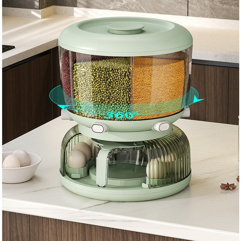 Dozator Etajat de Cereale Flippy, Rotativ 360, 6 Compartimente, Capacitate 10L, Cofraj Special pentru Oua, Vas pentru Scurgerea Cerealelor, 35x27.5 cm, Verde-3