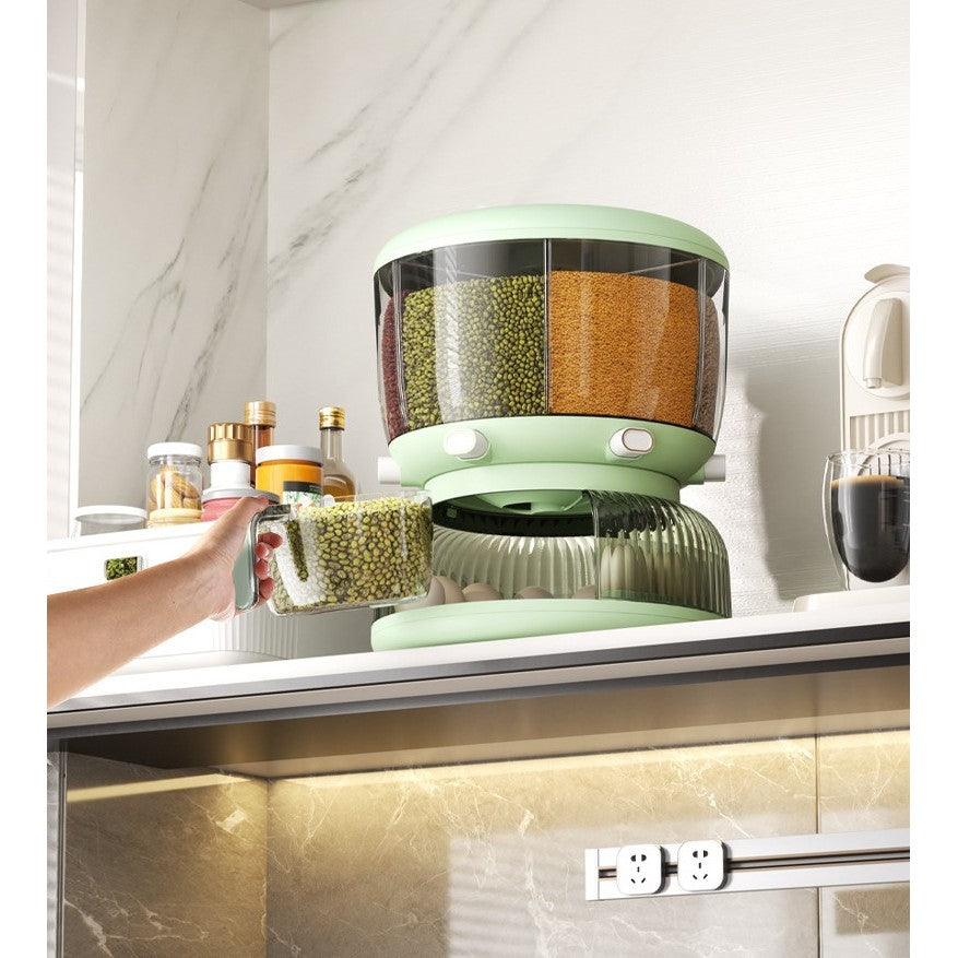 Dozator Etajat de Cereale Flippy, Rotativ 360, 6 Compartimente, Capacitate 10L, Cofraj Special pentru Oua, Vas pentru Scurgerea Cerealelor, 35x27.5 cm, Verde-4