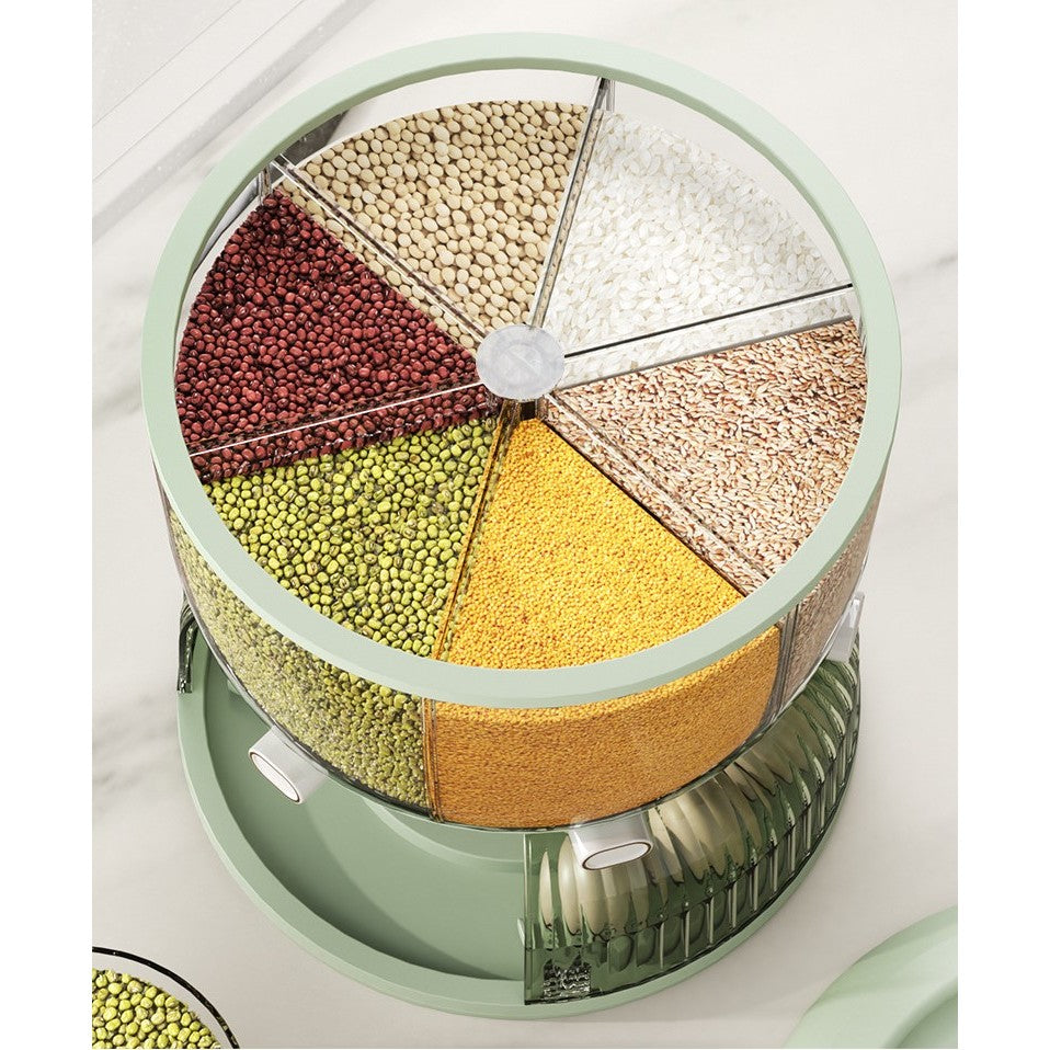 Dozator Etajat de Cereale Flippy, Rotativ 360, 6 Compartimente, Capacitate 10L, Cofraj Special pentru Oua, Vas pentru Scurgerea Cerealelor, 35x27.5 cm, Verde-5
