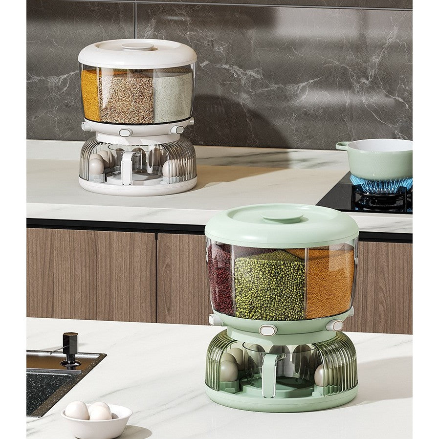 Dozator Etajat de Cereale Flippy, Rotativ 360, 6 Compartimente, Capacitate 10L, Cofraj Special pentru Oua, Vas pentru Scurgerea Cerealelor, 35x27.5 cm, Verde-9