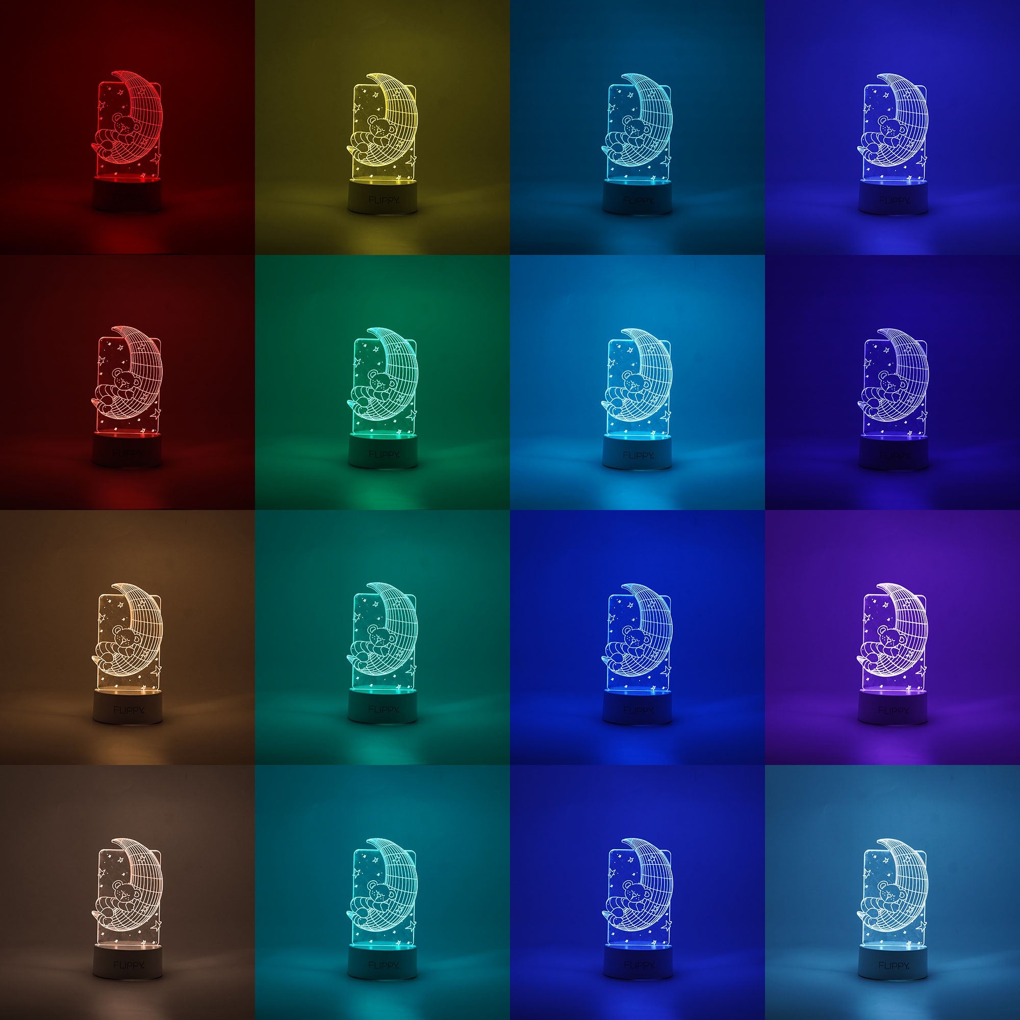 Lampa LED decorativa, Flippy, 3D, Ursulet si Semiluna, cu telecomanda, doua moduri de alimentare USB si baterii, 20 cm inaltime, din material acril si lumina multicolora, alb-1