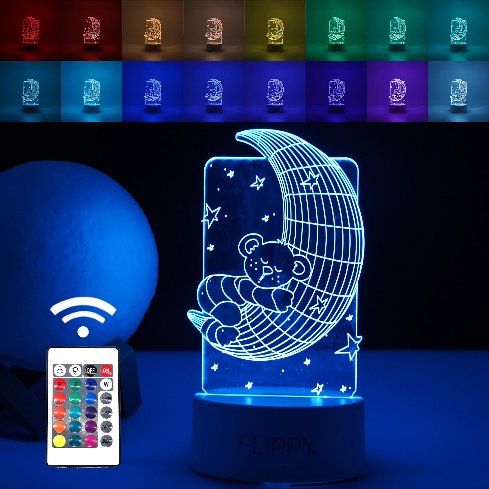 Lampa LED decorativa, Flippy, 3D, Ursulet si Semiluna, cu telecomanda, doua moduri de alimentare USB si baterii, 20 cm inaltime, din material acril si lumina multicolora, alb-0