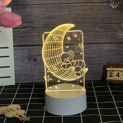 Lampa LED decorativa, Flippy, 3D, Ursulet si Semiluna, cu telecomanda, doua moduri de alimentare USB si baterii, 20 cm inaltime, din material acril si lumina multicolora, alb-4