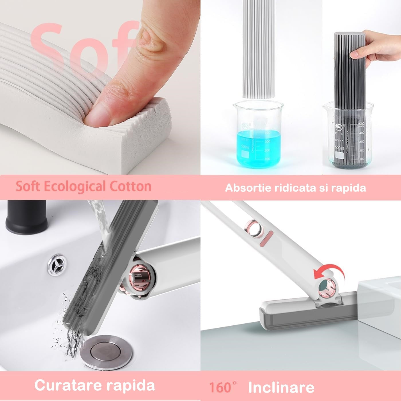Mop de mana Flippy, mini-portabil, cu sistem de stoarcere, dispozitiv de curatat manual, cu burete absorbant, material PVA, multisuprafete si geamuri, 29.5 x 15.5 cm, alb-3