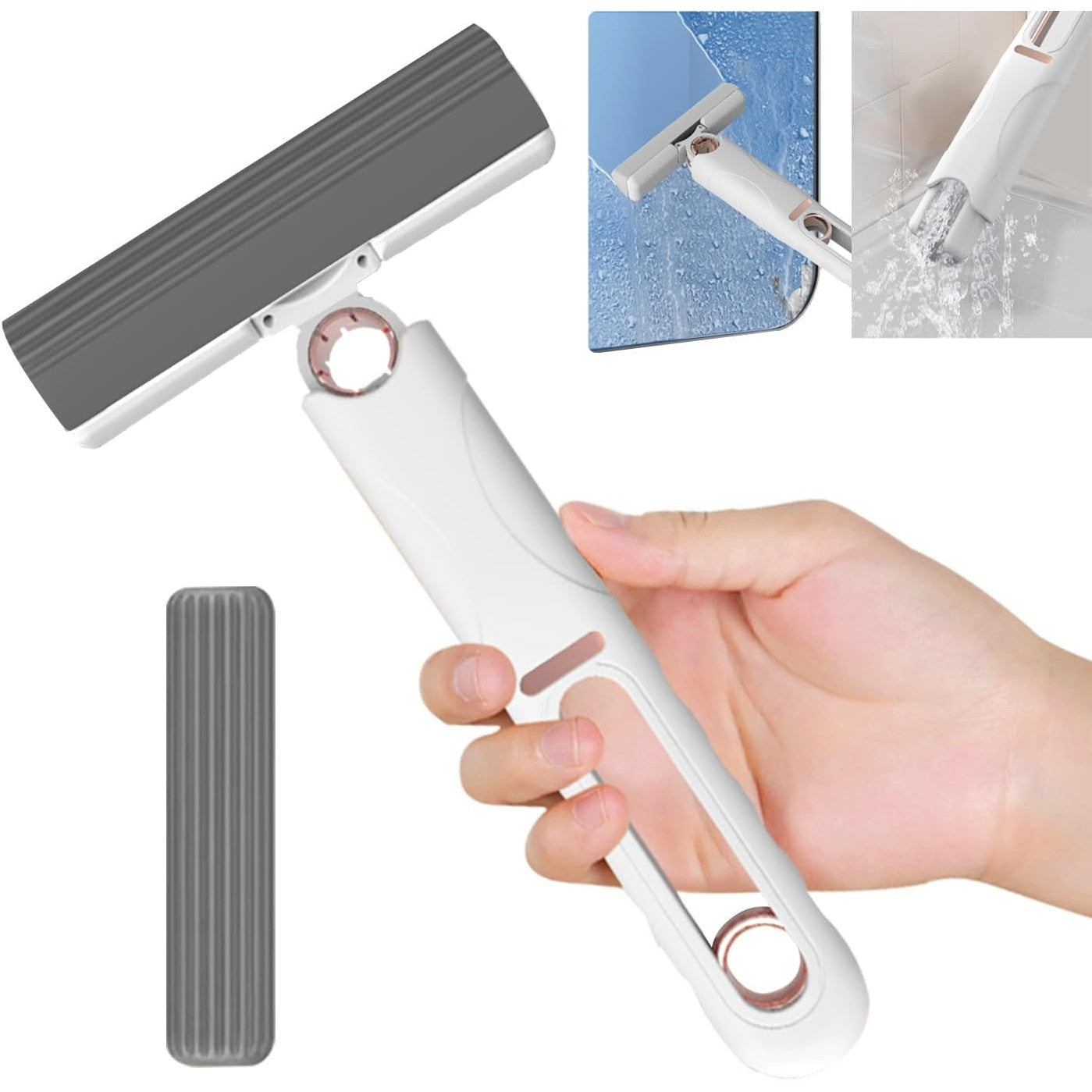 Mop de mana Flippy, mini-portabil, cu sistem de stoarcere, dispozitiv de curatat manual, cu burete absorbant, material PVA, multisuprafete si geamuri, 29.5 x 15.5 cm, alb-9