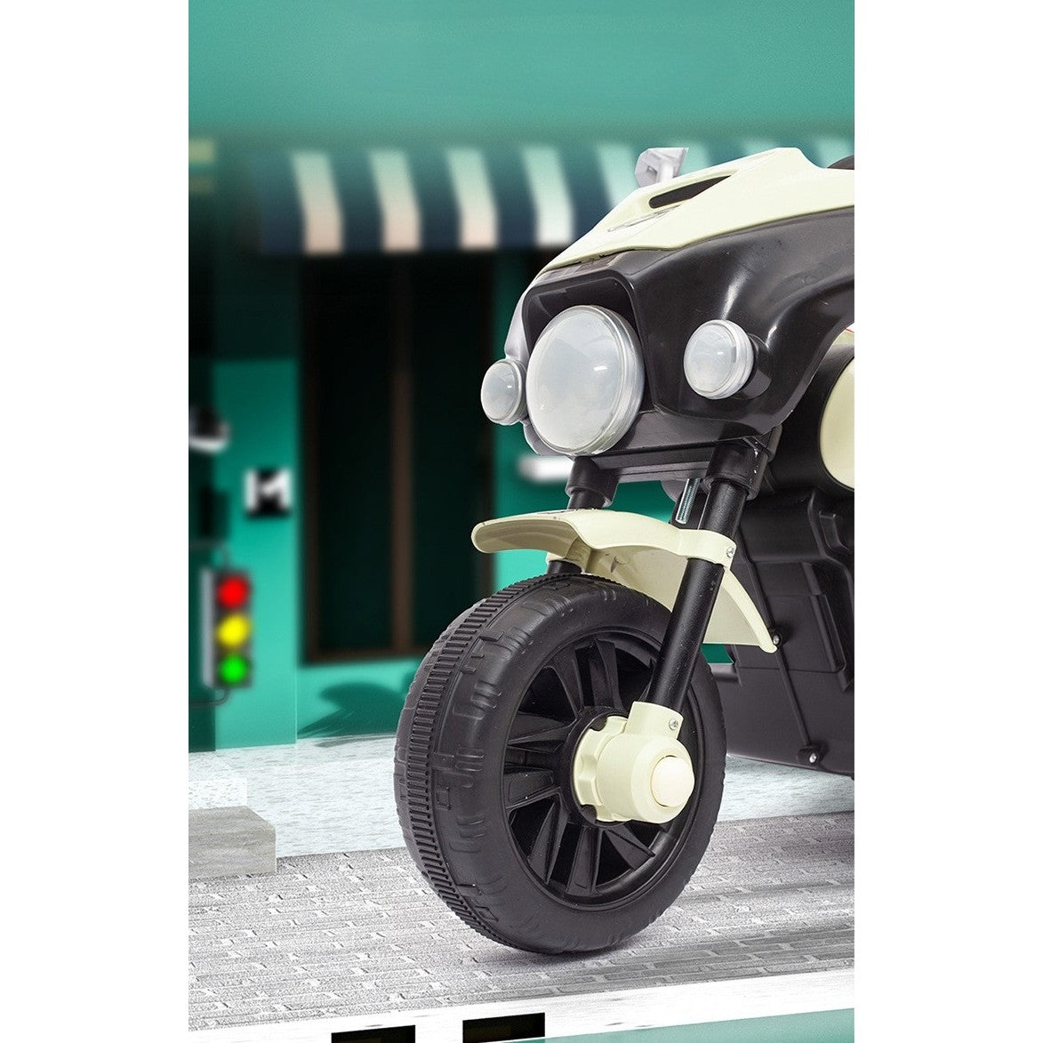 Motocicleta Electrica Flippy, cu Acumulator, cu Sistem Anti-Rasturnare, Sistem de Lumini si Muzica, Cutie de Depozitare, 1-8 Ani, 93 x 43 x 58 cm, Alb - Bej-7