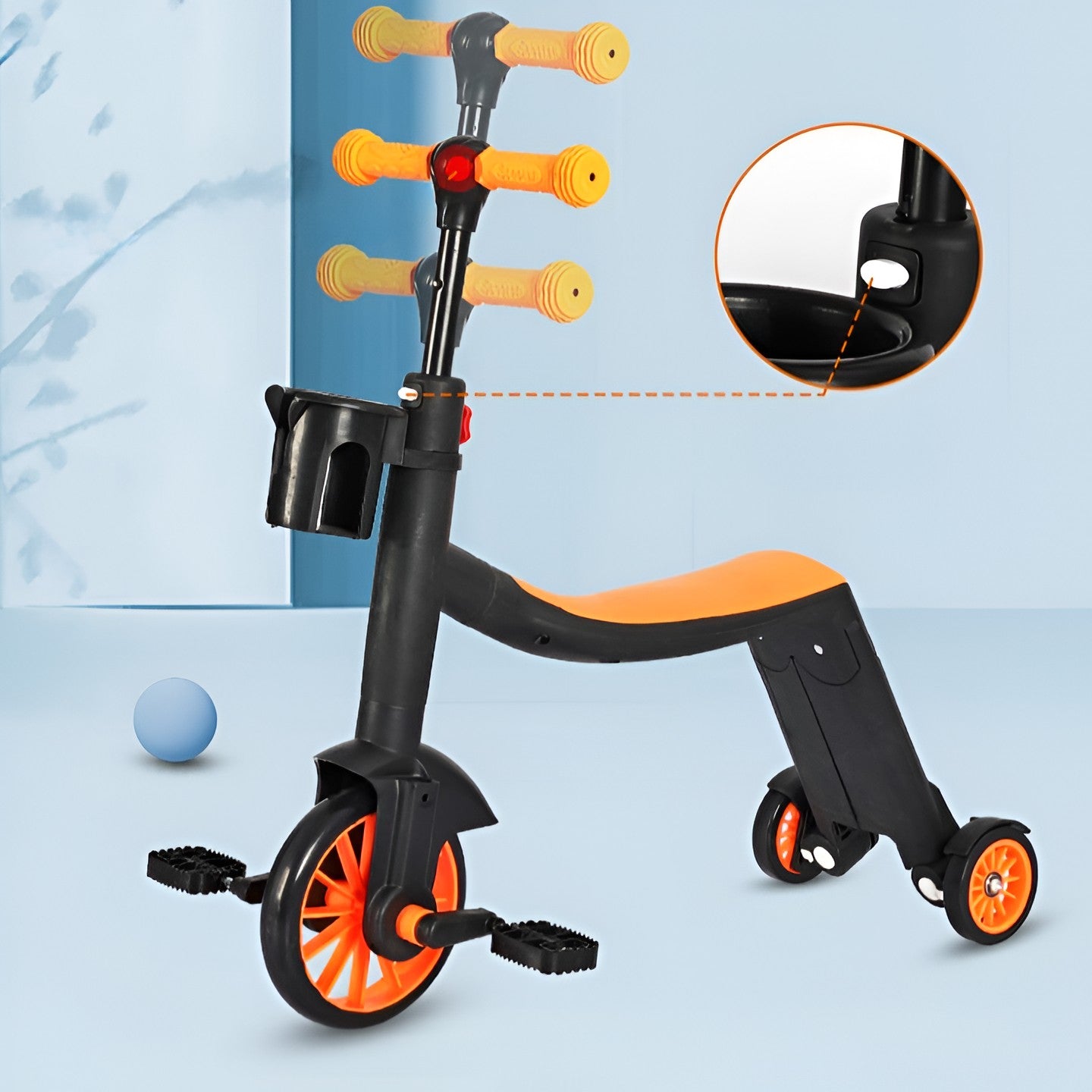 Bicicleta 8 in 1, Flippy, Transformabila, Multifunctionala, Reglare Inaltime, cu Maner de Impingere Detasabil, Tricicleta, Trotineta, 3 Roti, Pedale, Cosulet, 3-6 Ani, Portocaliu-4