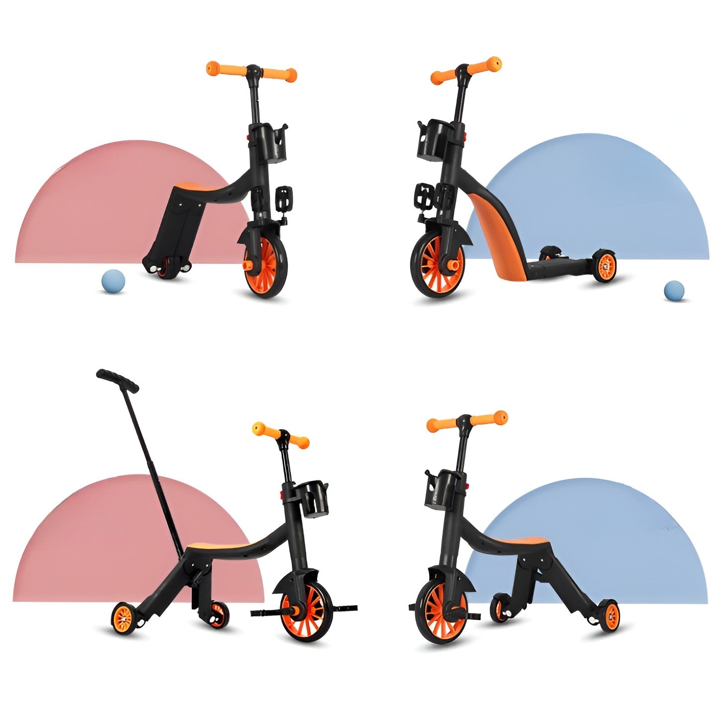 Bicicleta 8 in 1, Flippy, Transformabila, Multifunctionala, Reglare Inaltime, cu Maner de Impingere Detasabil, Tricicleta, Trotineta, 3 Roti, Pedale, Cosulet, 3-6 Ani, Portocaliu-6