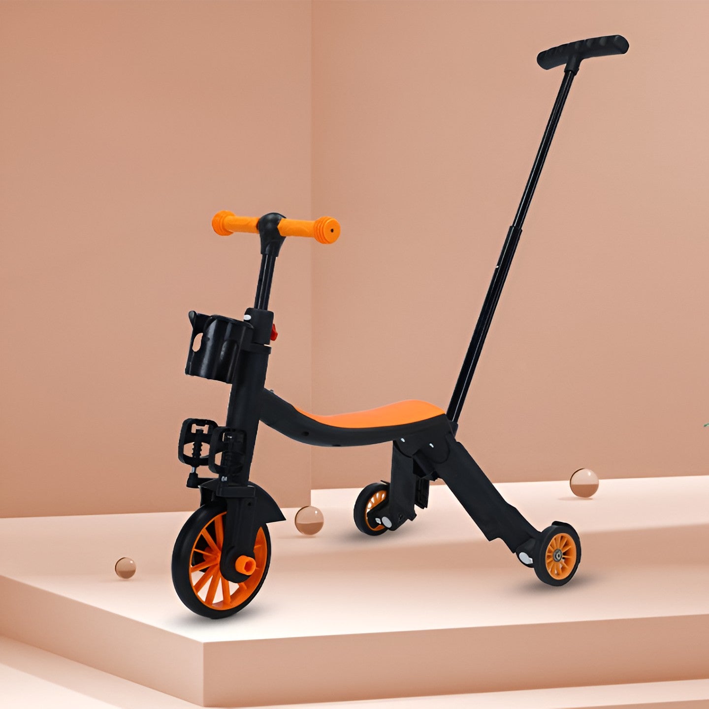 Bicicleta 8 in 1, Flippy, Transformabila, Multifunctionala, Reglare Inaltime, cu Maner de Impingere Detasabil, Tricicleta, Trotineta, 3 Roti, Pedale, Cosulet, 3-6 Ani, Portocaliu-8