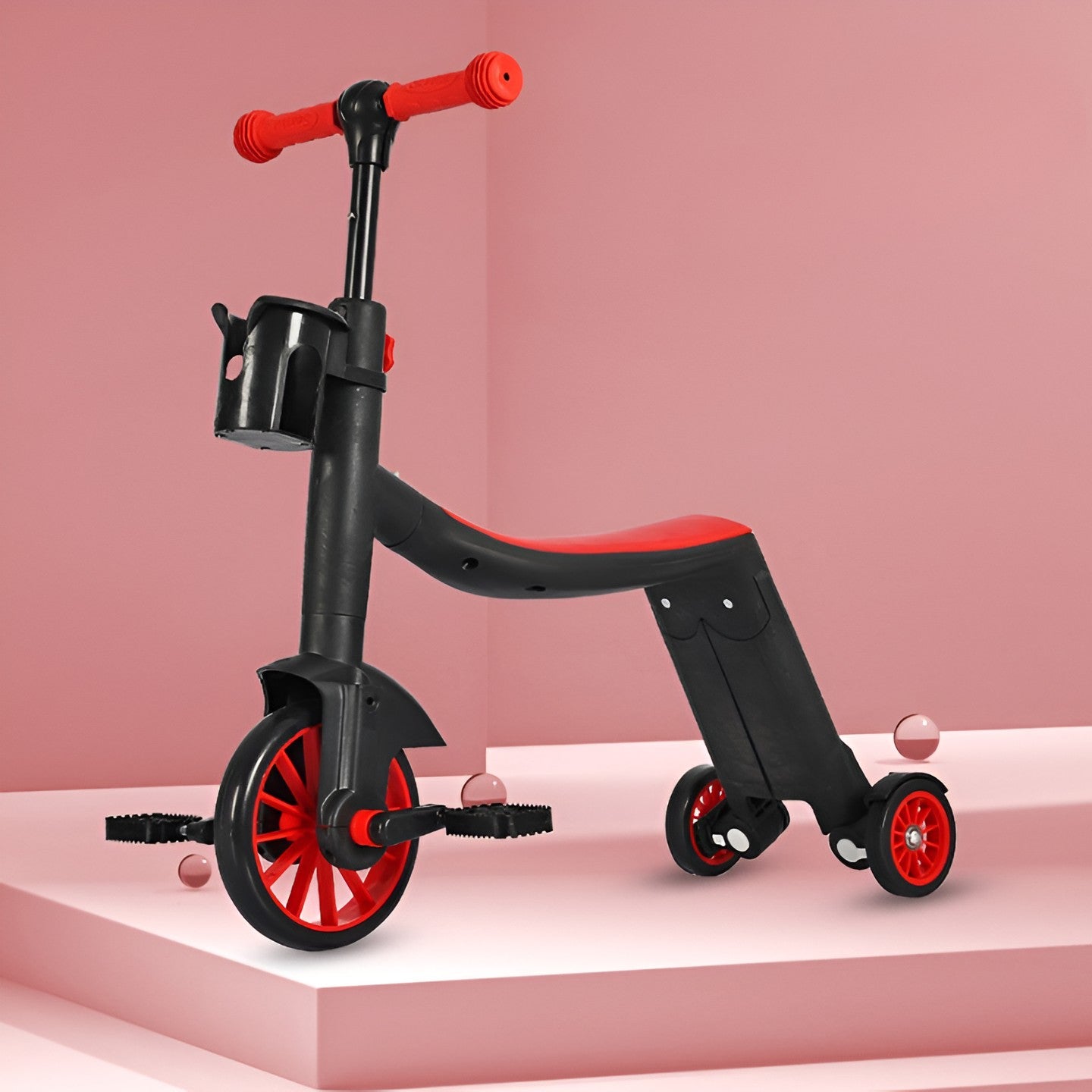 Bicicleta 8 in 1, Flippy, Transformabila, Multifunctionala, Reglare Inaltime, cu Maner de Impingere Detasabil, Tricicleta, Trotineta, 3 Roti, Pedale, Cosulet, 3-6 Ani, Rosu-1