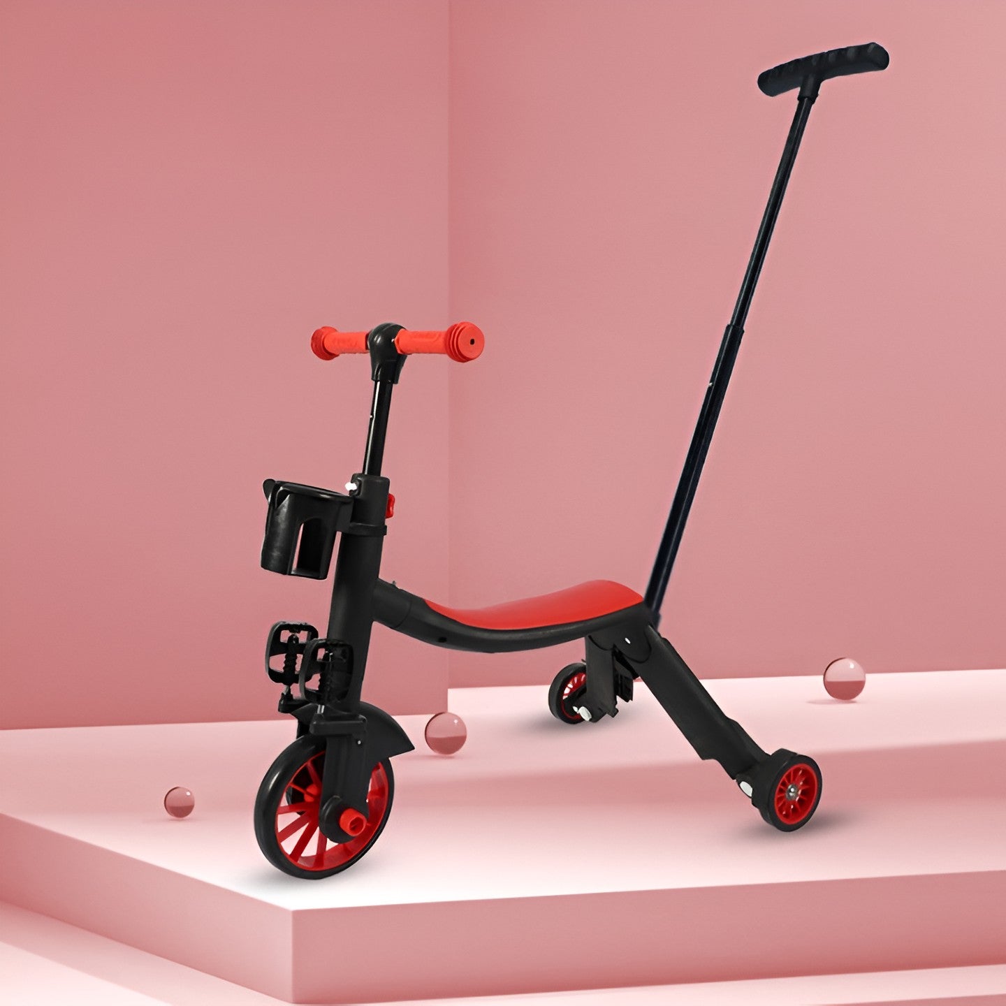 Bicicleta 8 in 1, Flippy, Transformabila, Multifunctionala, Reglare Inaltime, cu Maner de Impingere Detasabil, Tricicleta, Trotineta, 3 Roti, Pedale, Cosulet, 3-6 Ani, Rosu-2