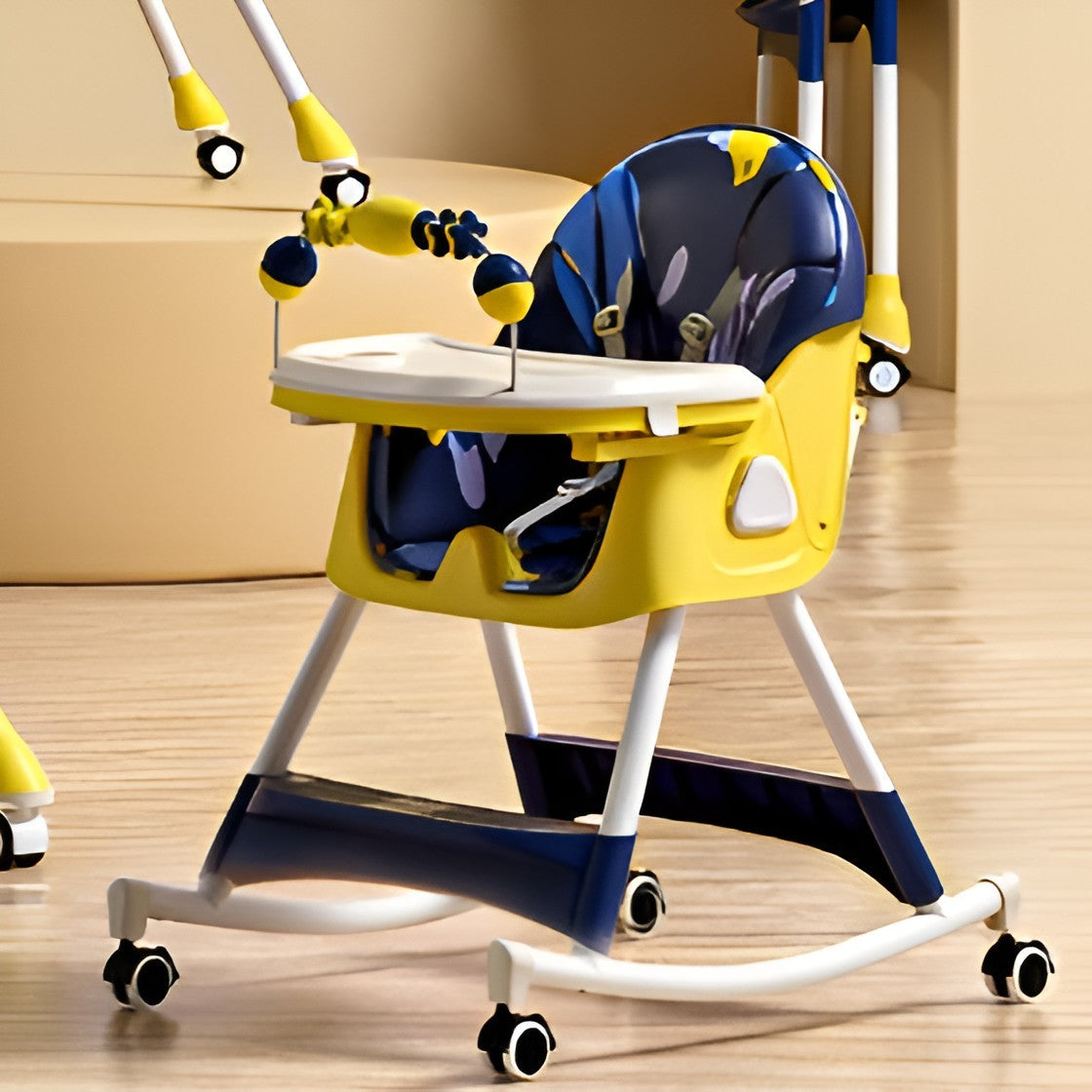Scaun de Masa pe Roti pentru Copii, Flippy, 2 Tavite si Husa Detasabile, Multifuncțional, Stabil, Centura de Siguranta, Spatar Reglabil Moale, Balansoar, Cos de Depozitare, de la 6 Luni, Galben-3