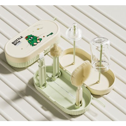 Set Portabil cu Suport de Spalare/ Uscare Biberoane, Flippy, Perii de Silicon pentru Curatarea Tetinelor, Suzetelor, Paharelor si Biberoanelor, Cutie Multifunctionala, Verde-0