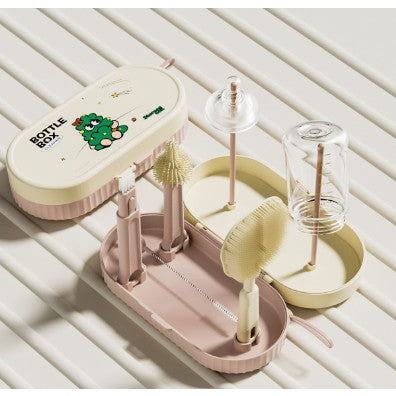 Set Portabil cu Suport de Spalare/ Uscare Biberoane, Flippy, Perii de Silicon pentru Curatarea Tetinelor, Suzetelor, Paharelor si Biberoanelor, Cutie Multifunctionala, Roz-0