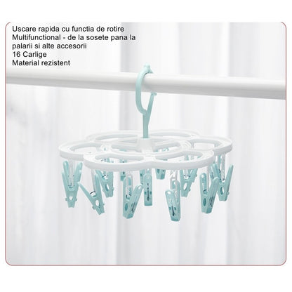 Uscator de Rufe Suspendat Flippy, cu 16 Carlige, Rotire 360 Grade, Mateiral Plastic, Usor de Depozitat, Multifunctional, 26 x 21 cm, Albastru-1