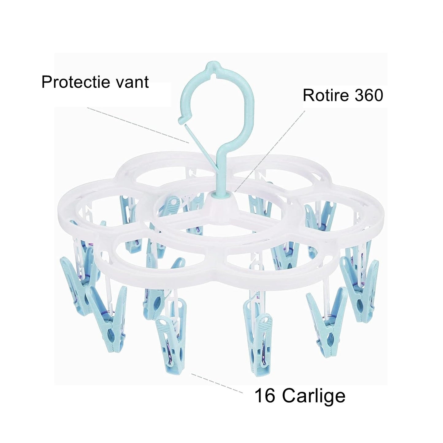 Uscator de Rufe Suspendat Flippy, cu 16 Carlige, Rotire 360 Grade, Mateiral Plastic, Usor de Depozitat, Multifunctional, 26 x 21 cm, Albastru-3