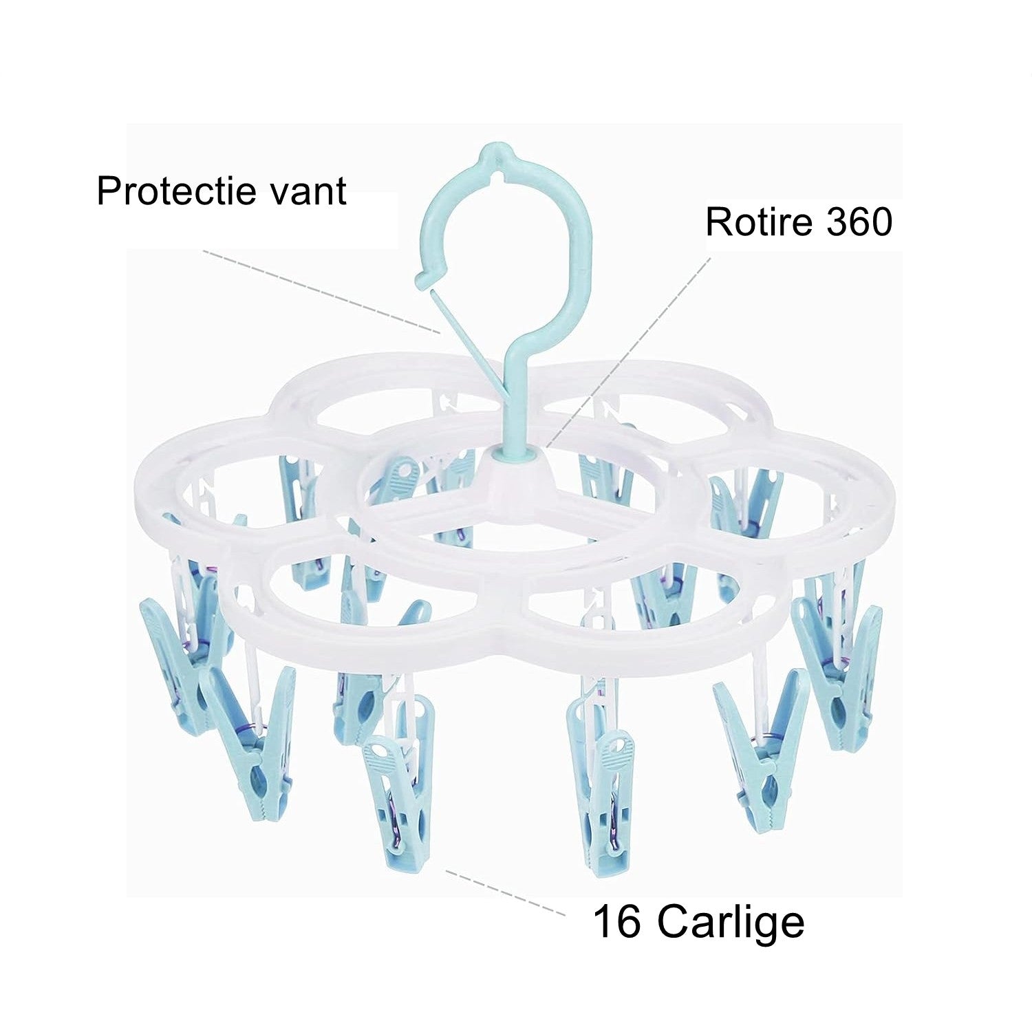 Uscator de Rufe Suspendat Flippy, cu 16 Carlige, Rotire 360 Grade, Mateiral Plastic, Usor de Depozitat, Multifunctional, 26 x 21 cm, Albastru-3