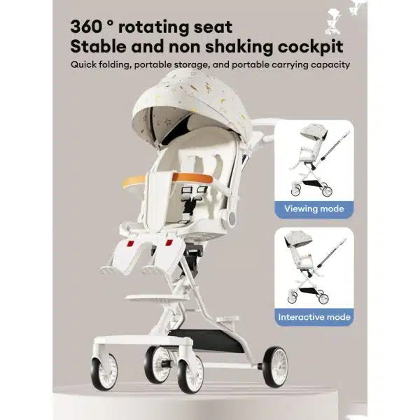 Cărucior 2in1 Compact și Elegant cu Rotație 360° și Parasolar Reglabil